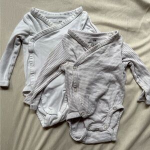 H&M Wrap One-Piece Bodysuits in White and Light Gray Stripe